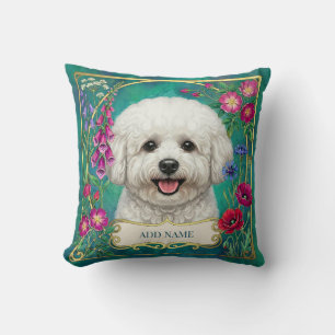 Bichon Frise Maßgeschneiderte Türkisfarbene Blumen Kissen