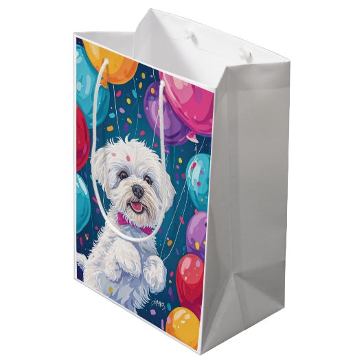 Bichon Frise mit Balloons Mittlere Geschenktüte (Rückseite Schrägansicht)