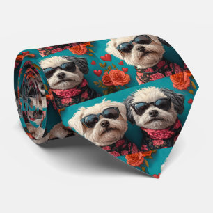 Bichon Frise mit Herz Rosen Valentinstag Krawatte