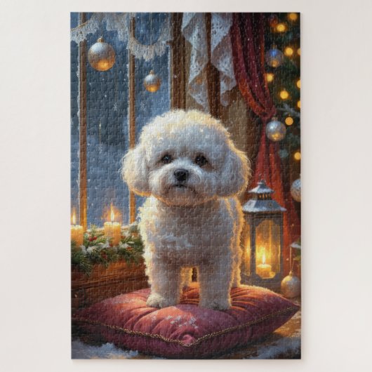 Bichon Frise mit Weihnachtslichtern Feiertag Puzzle (Vertikal)