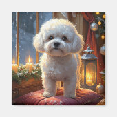 Bichon Frise mit Weihnachtslichtern Urlaub Magnet (Vorne)