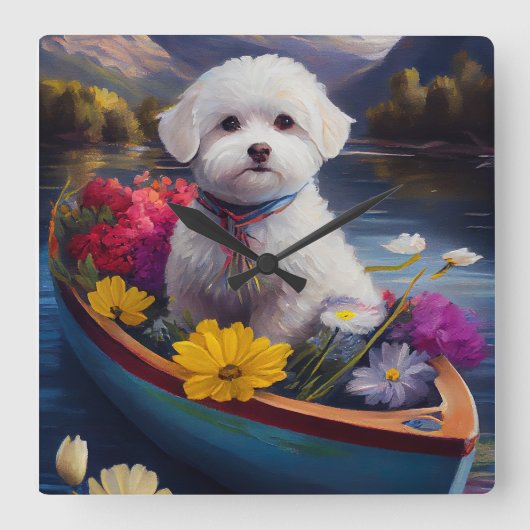 Bichon Frise on a Paddle: Ein Landschaftliches Abe Quadratische Wanduhr (Vorderseite)
