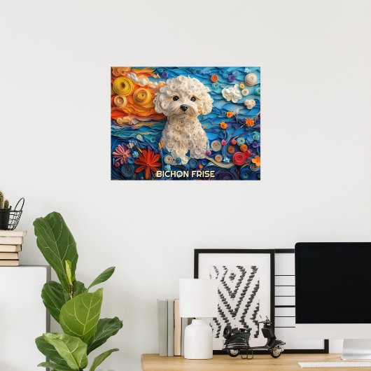 Bichon Frise Paper Quilling Art Dog Portrait Poster (Heimbüro)