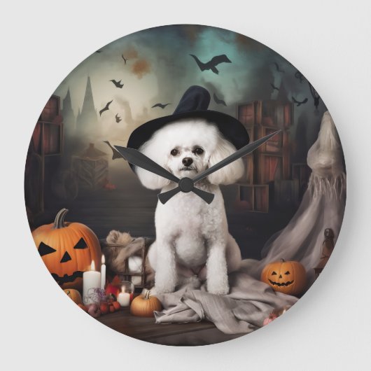 Bichon Frise Pumpkins Halloween Beängstigend Große Wanduhr (Vorderseite)