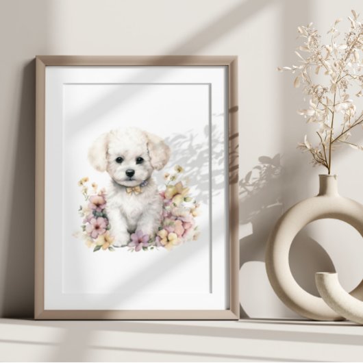 Bichon Frise Puppy Pet Wasserfarbe Blume Poster