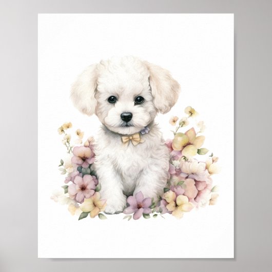 Bichon Frise Puppy Pet Wasserfarbe Blume Poster (Vorne)