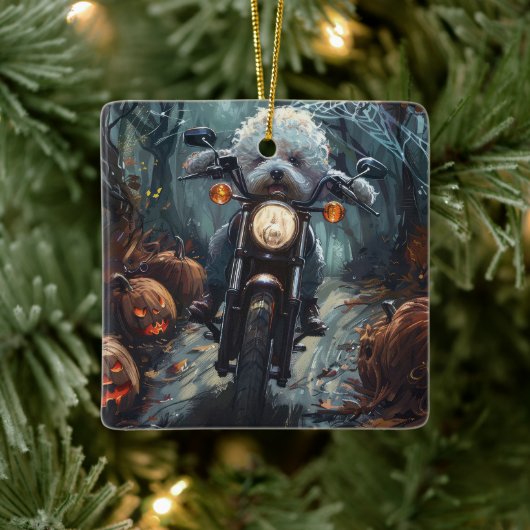 Bichon Frise Riding Motorrad Halloween Beängstigen Keramikornament (Baum)