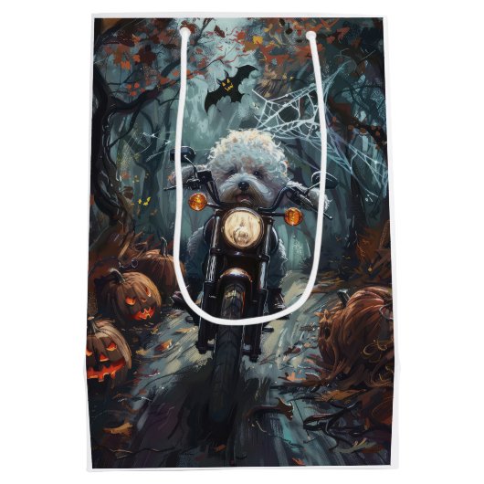 Bichon Frise Riding Motorrad Halloween Beängstigen Mittlere Geschenktüte (Rückseite)