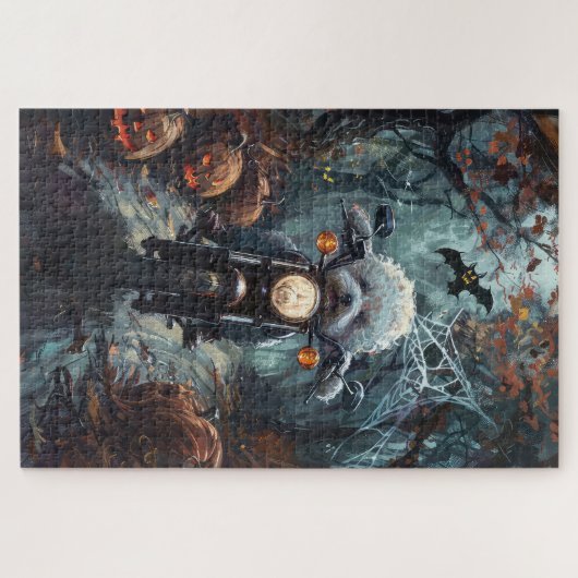Bichon Frise Riding Motorrad Halloween Beängstigen Puzzle (Horizontal)