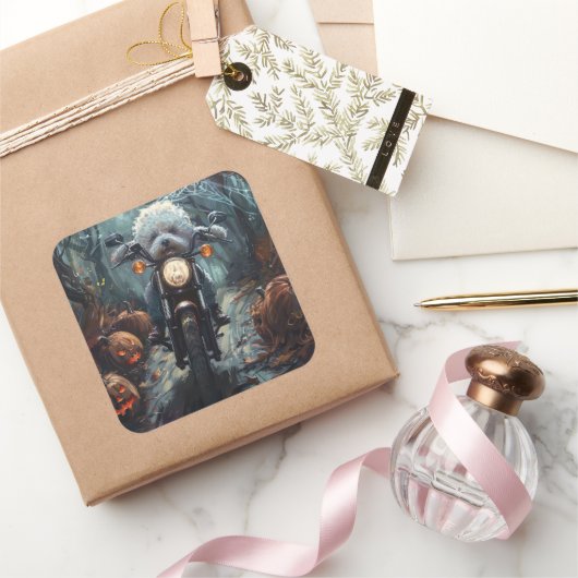 Bichon Frise Riding Motorrad Halloween Beängstigen Quadratischer Aufkleber (Schenken)