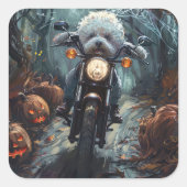 Bichon Frise Riding Motorrad Halloween Beängstigen Quadratischer Aufkleber (Vorderseite)