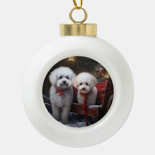 Bichon Frise Snowy Sleigh Weihnachtsdekor Keramik Kugel-Ornament (Vorderseite)