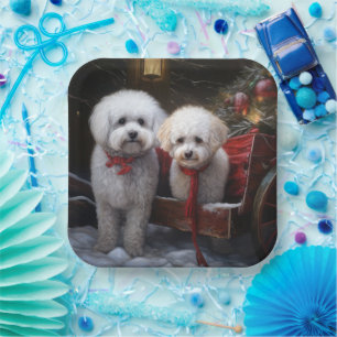 Bichon Frise Snowy Sleigh Weihnachtsdekor Pappteller