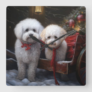 Bichon Frise Snowy Sleigh Weihnachtsdekor Quadratische Wanduhr