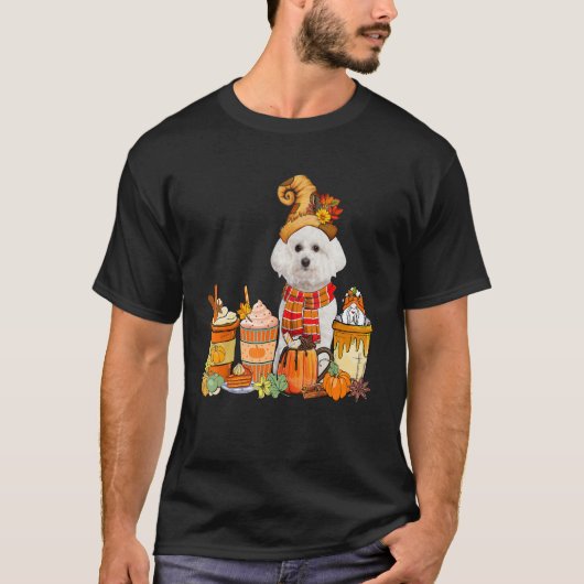 Bichon Frise Wearing Hat With Coffee Cups Fall Pum T-Shirt (Vorderseite)