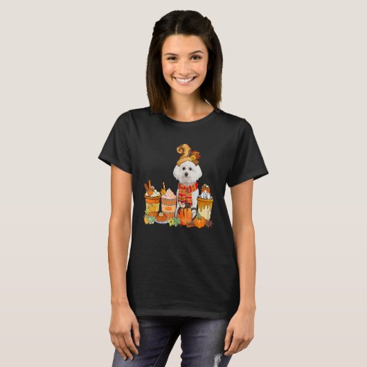 Bichon Frise Wearing Hat With Coffee Cups Fall Pum T-Shirt (Vorne ganz)