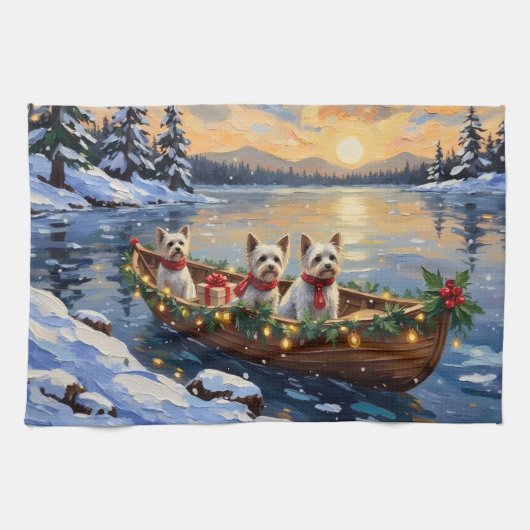 Bichon Frise Weihnachtsboot Urlaub Geschirrtuch (Horizontal)