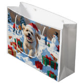 Bichon Frise Weihnachtsfest Schneeszene Große Geschenktüte (Vorderseite Schrägansicht)