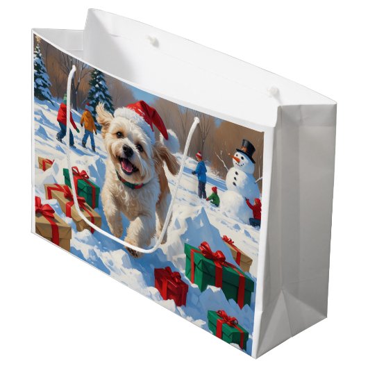 Bichon Frise Weihnachtsfest Schneeszene Große Geschenktüte (Vorderseite Schrägansicht)