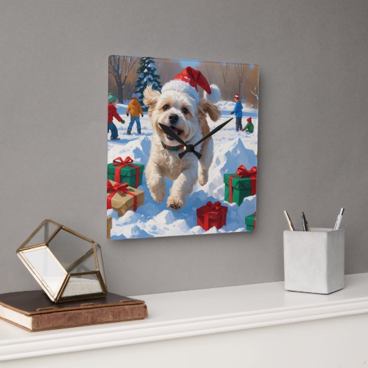 Bichon Frise Weihnachtsfest Schneeszene Quadratische Wanduhr (Büro)