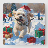 Bichon Frise Weihnachtsfest Schneeszene Quadratische Wanduhr (Vorderseite)