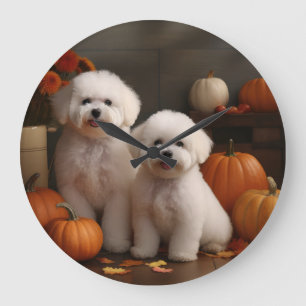 Bichon Frise Welpe Herbstfreude Kürbis Große Wanduhr