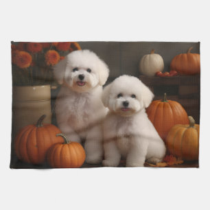 Bichon Frise Welpe Herbstvergnügen Kürbis Geschirrtuch