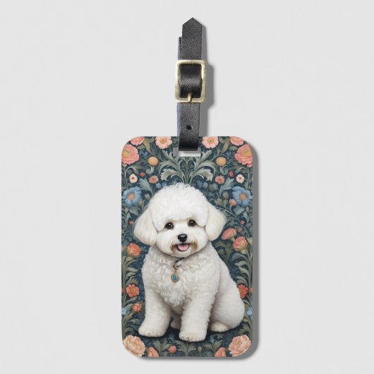 Bichon Frisé William Morris Inspirierte Floral Gepäckanhänger (Vorderseite Vertikal)