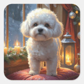 Bichon Frise With Christmas Lights Holiday Quadratischer Aufkleber (Vorderseite)