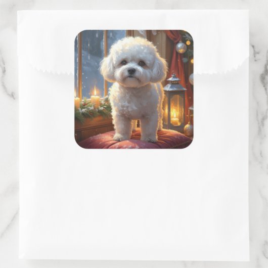 Bichon Frise With Christmas Lights Holiday Quadratischer Aufkleber (Tasche)