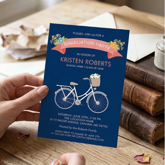 Bicycle Navy Blue Girly Graduation Party Einladung