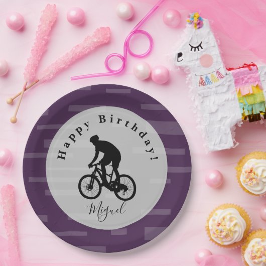 Bicycle Rider Happy Birthday Paper Plate. Papier P Pappteller (Party)