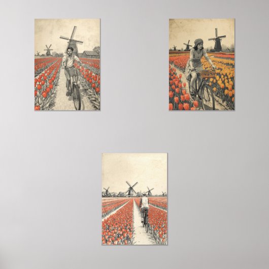 Bicycle through Tulip Fields – Dutch Countryside Bilderwand Sets (Vorderseite)