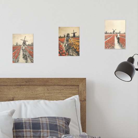 Bicycle through Tulip Fields – Dutch Countryside Bilderwand Sets (Schlafzimmer)