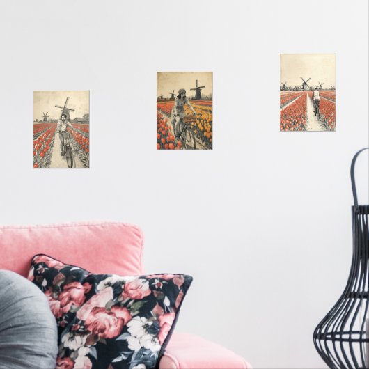 Bicycle through Tulip Fields – Dutch Countryside Bilderwand Sets (Wohnzimmer)
