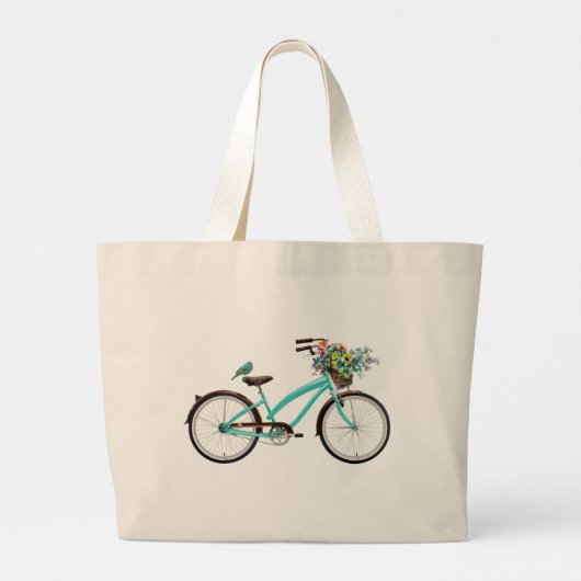 Bicycle With Bird and Flower Basket Turquoise Blue Jumbo Stoffbeutel (Rückseite)