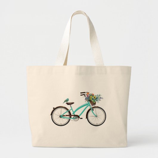 Bicycle With Bird and Flower Basket Turquoise Blue Jumbo Stoffbeutel (Vorne)