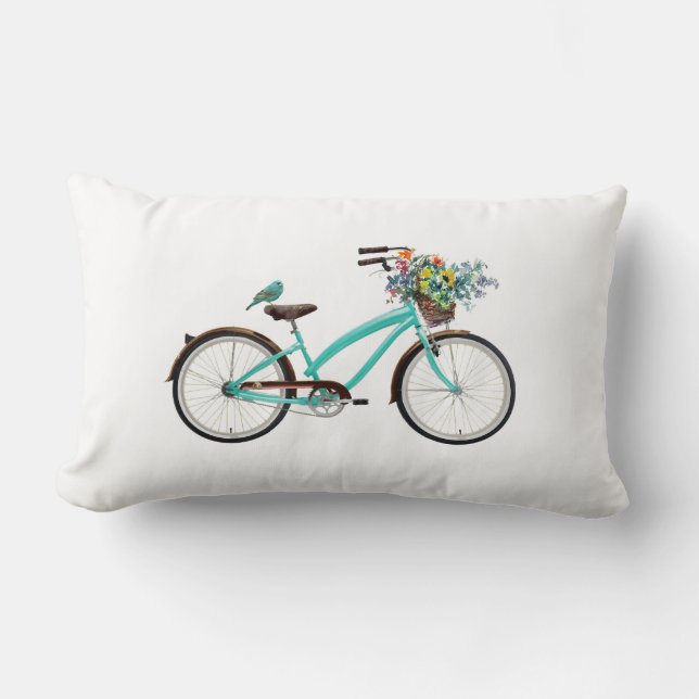 Bicycle With Bird and Flower Basket Turquoise Blue Lendenkissen (Vorderseite)