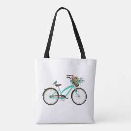 Bicycle With Bird and Flower Basket Turquoise Blue Tasche