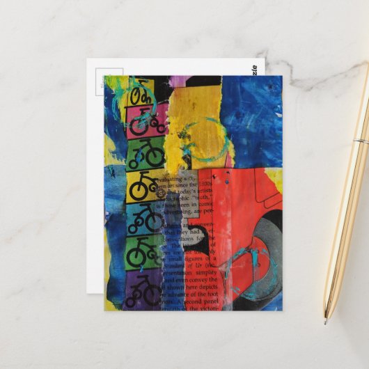 Bicycles and Trucks mixed media collage Postkarte (Vorderseite/Rückseite Beispiel)