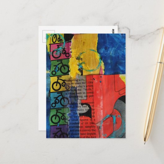 Bicycles and Trucks mixed media collage Postkarte (Vorderseite/Rückseite Beispiel)