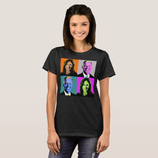 Biden Harris Pop Art (Orange, Grau, Blau, Rosa) T-Shirt (Vorne ganz)