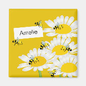 Biene auf Blume Square Magnet - Gelber Hintergrund (Vorne)