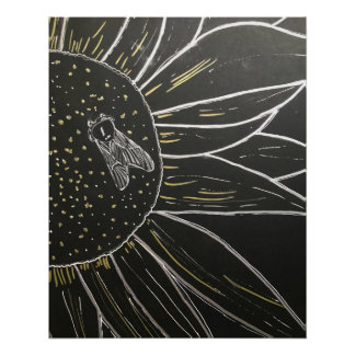 Biene auf Blüten-Feinliniendrawing Poster