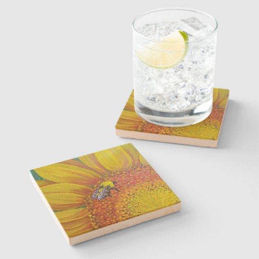 Biene auf einem Sonnenblumen-Untersetzer Steinuntersetzer (Seitenansicht)