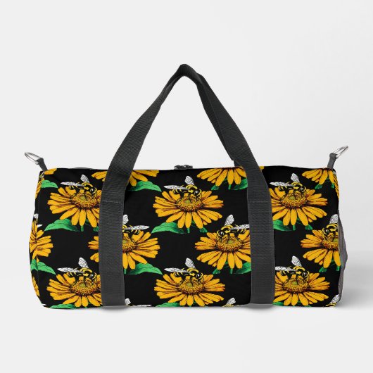 Biene auf Sonnenblumen Blume Muster Design Schwarz Duffle Bag (Vorderseite)