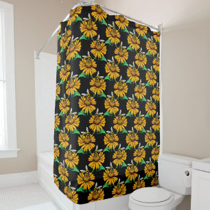 Biene auf Sonnenblumen Blume Muster Design Schwarz Duschvorhang