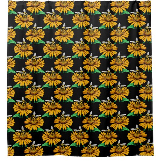 Biene auf Sonnenblumen Blume Muster Design Schwarz Duschvorhang (Vorderseite)