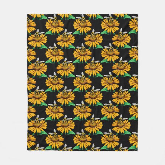Biene auf Sonnenblumen Blume Muster Design Schwarz Fleecedecke (Vorderseite)