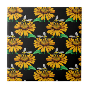 Biene auf Sonnenblumen Blume Muster Design Schwarz Fliese